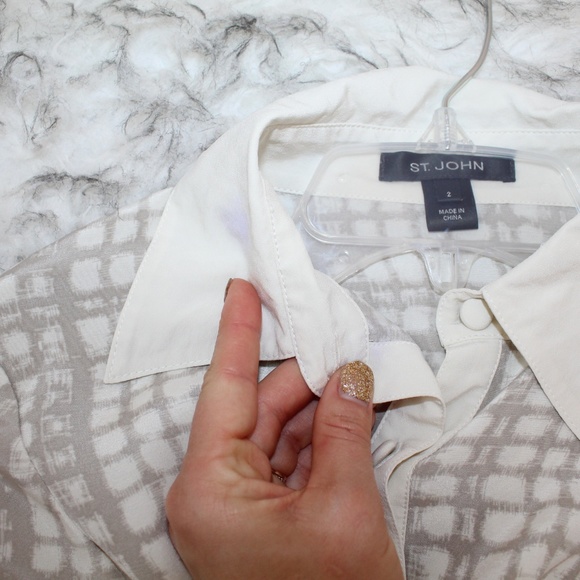 St. John Silk Button Down Blouse in White & Gray - Picture 6 of 8